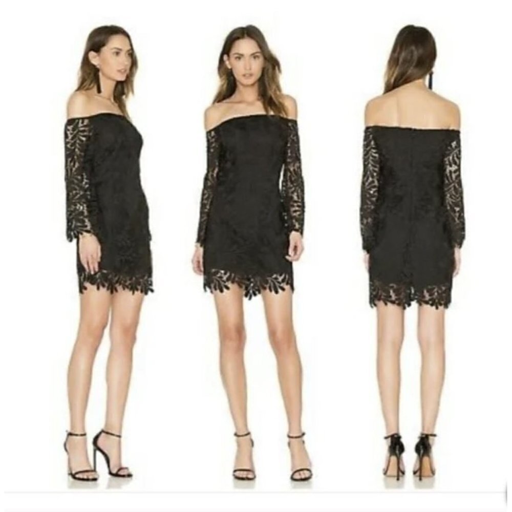 NEW Bardot Flora Lace Off The Shoulder Long Sleeves Mini Dress Black Size XS